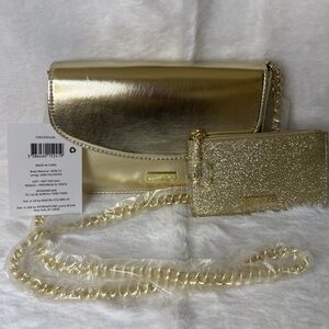 GWP Metallic Gold Crossbody Bag with Glitter Pouch and Chain Strap